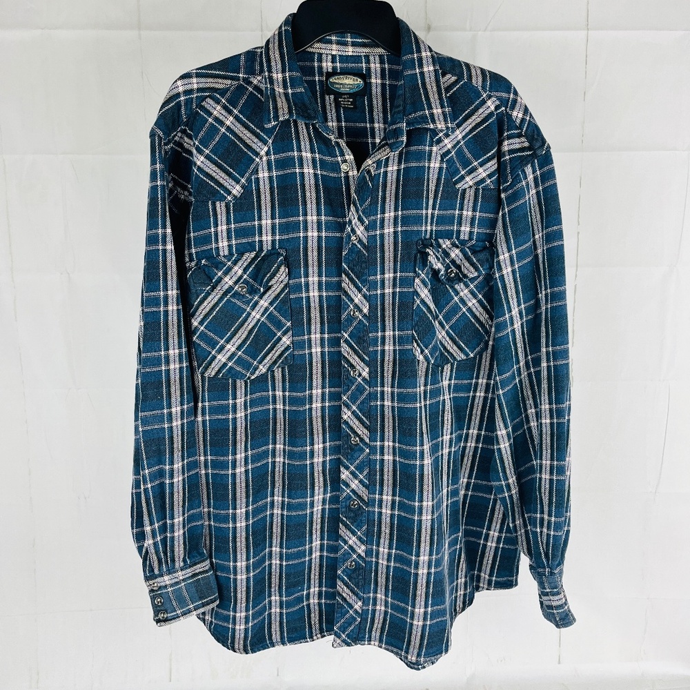 Vintage Sandy River Men's 2XLT Flannel Pearl Snap Shirt Western Heavyweight Blue